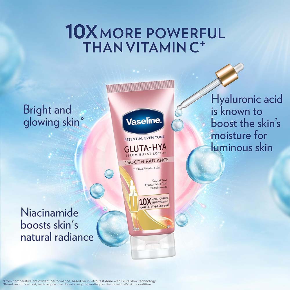 Vaseline Essential Even Tone Body Lotion Smooth Radiance with Gluta-Hya Serum Burst – 10X Vitamin C Power, Deep Moisturizing & Brightening, 200ml