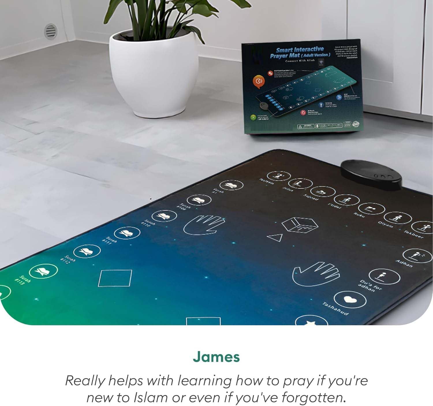 Smart Interactive Prayer Mat for Adults & Reverts. 25 touch keys, speaker & padded layer for learning Salah, Surahs & Duas. Ages 8+