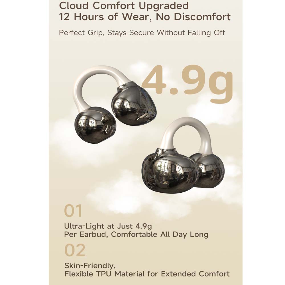 U-20 Open Ear Ring Headphones - Bluetooth 5.4 Clip-On OWS Earphones, 30H Battery, Noise-Cancelling, 4.9g Lightweight (White)