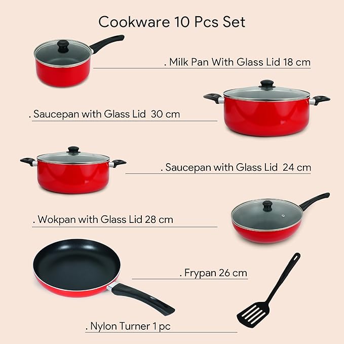 10-Piece Nonstick Cookware Set - 10X Tougher Coating, Heat-Resistant Handles, Glass Lids, Frypan, Wokpan, Nylon Turner