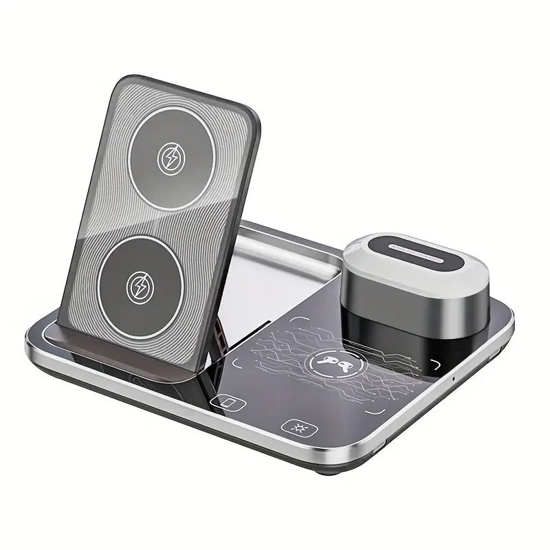 R12 Desktop Wireless Charger – 4-in-1 Automatic Lifting Station with RGB Light Effects and Sound-Controlled Lights