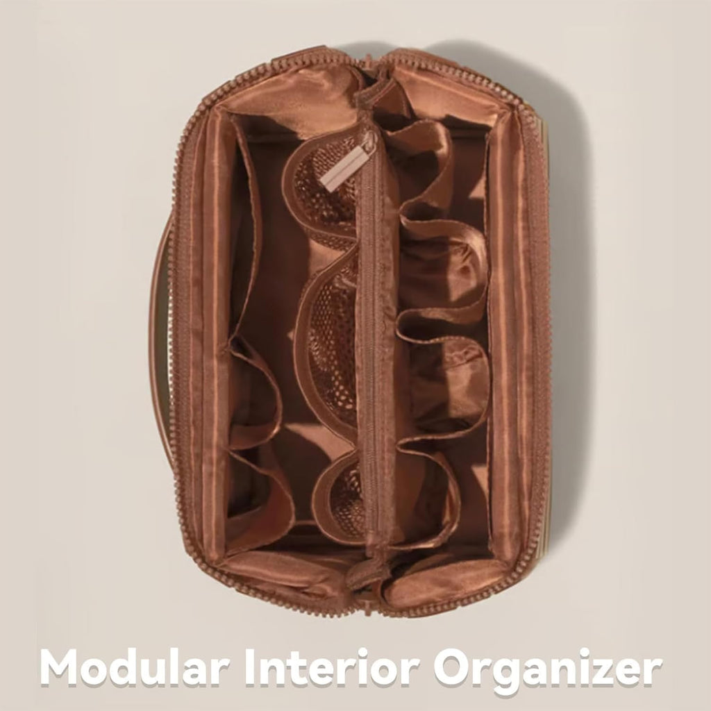 Foldable Travel Makeup Organizer Bag. Large capacity, waterproof cosmetic bag with dividers for women. Portable brown bag.