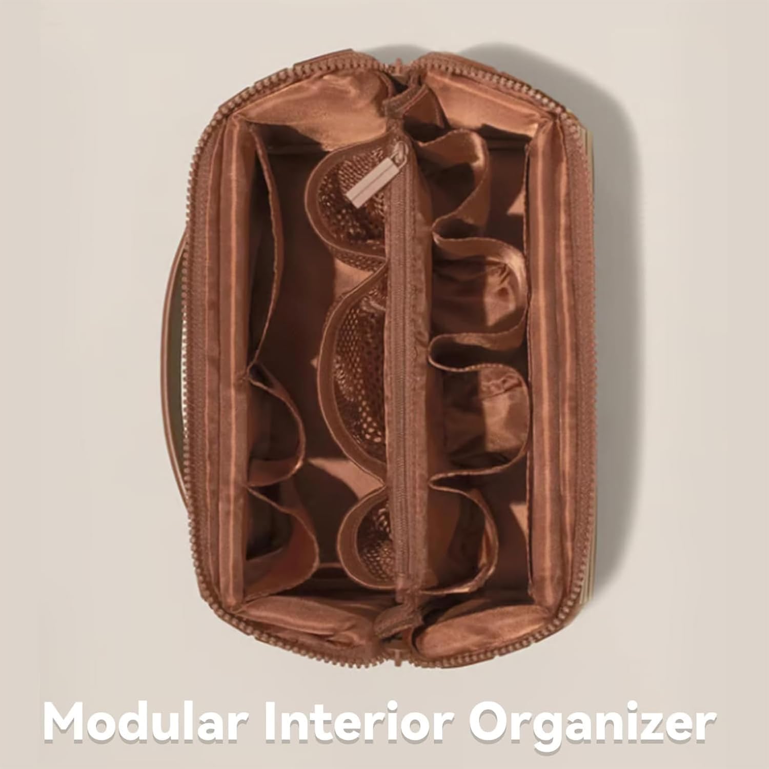 Foldable Travel Makeup Organizer Bag. Large capacity, waterproof cosmetic bag with dividers for women. Portable brown bag.