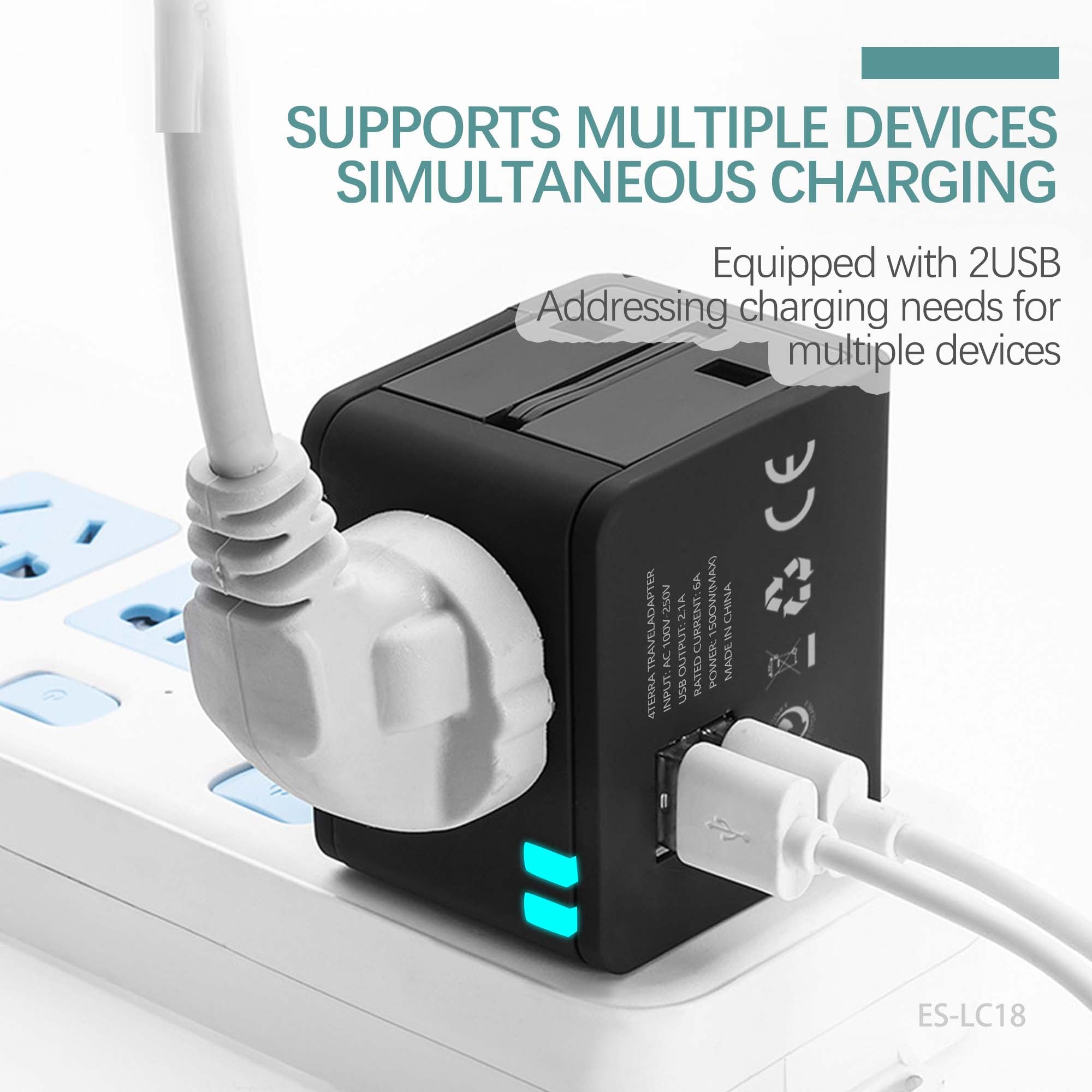 Universal Travel Adapter - Worldwide Mobile Charger with USB and Type-C Ports, High-Speed 1500W Output for International Use, with Multi-Protection Features