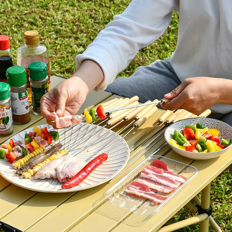 6 Pcs Kebab Skewers | Barbecue Skewers with Wooden Handle | Reusable Stainless Steel Metal BBQ Kabab Sticks