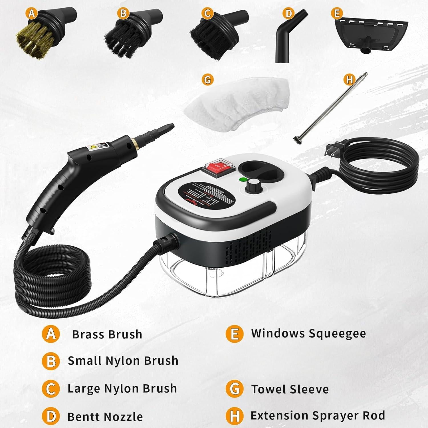 High Pressure Handheld Steam Cleaner. 15s fast heating portable steamer for dirt, grease, grout, tile, floor & car. White.