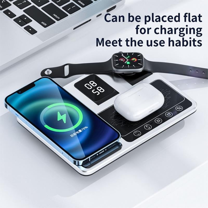 R11 Multifunctional 4-in-1 Wireless Charger – Folding Portable Charging Station with Digital Display and Time Function