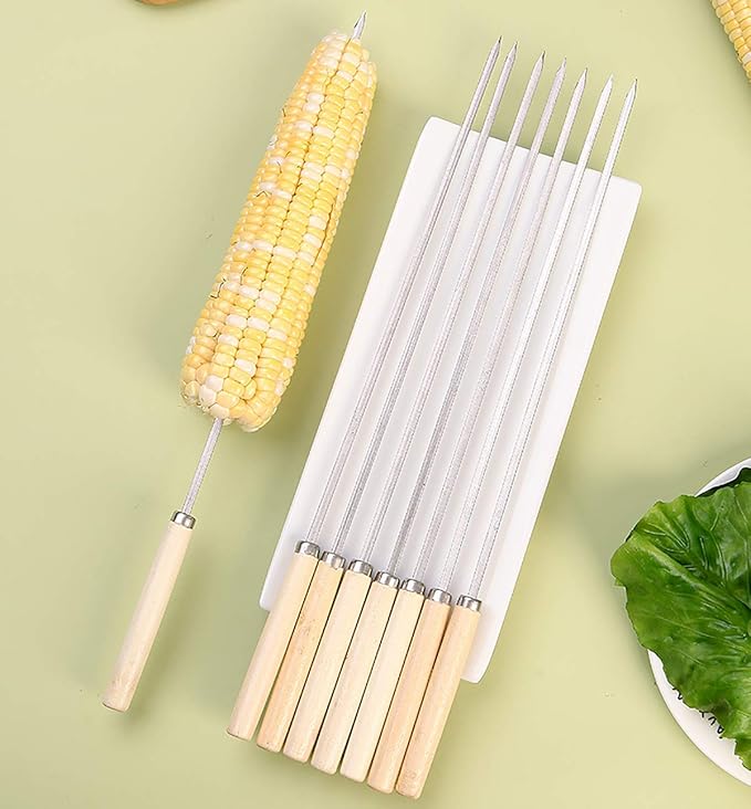 6 Pcs Kebab Skewers | Barbecue Skewers with Wooden Handle | Reusable Stainless Steel Metal BBQ Kabab Sticks