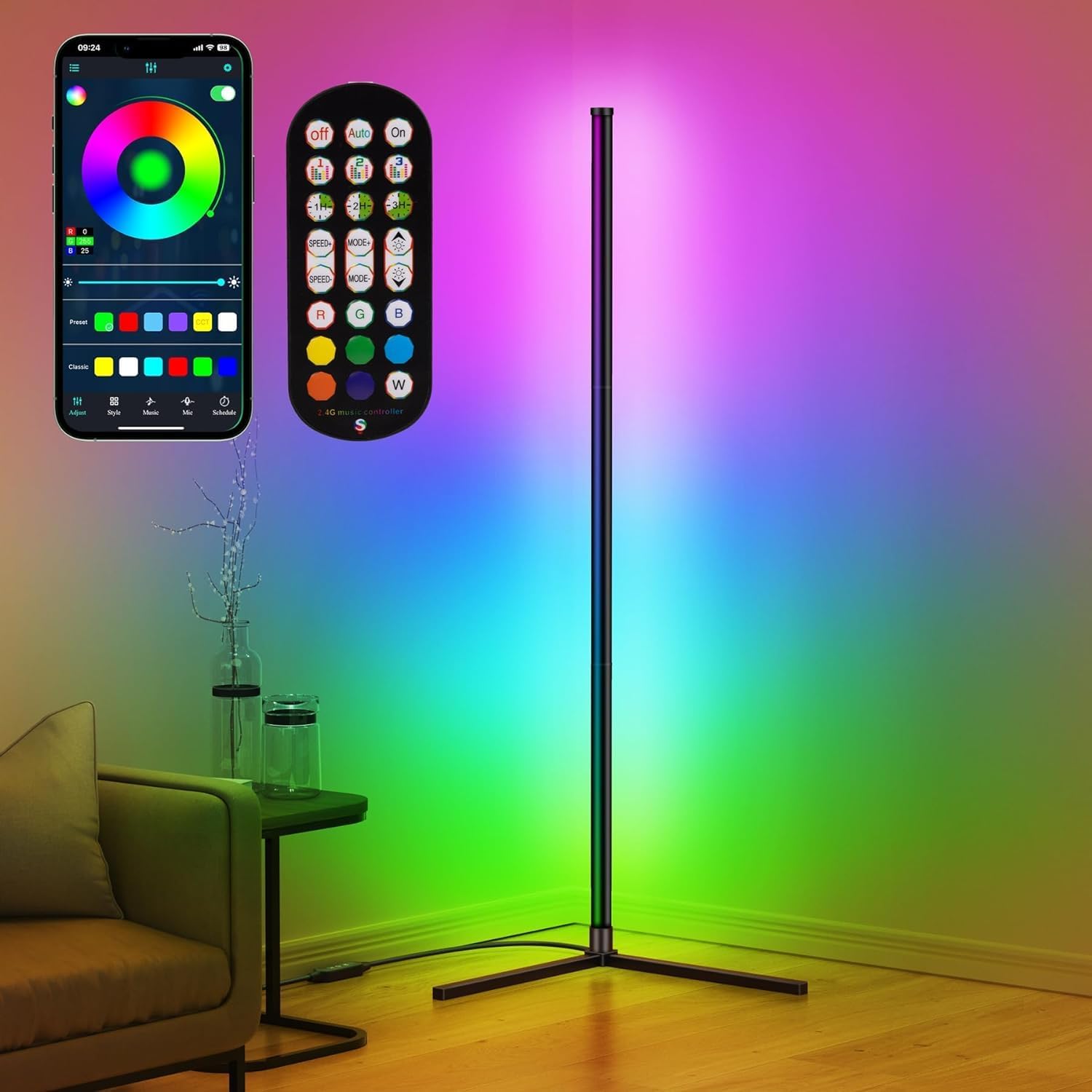 Smart RGB LED Floor Lamp, 62.2” Corner Light with APP & Remote Control, Music Sync & Timer, Modern Color-Changing Mood Lighting for Living Room, Bedroom, Gaming Room