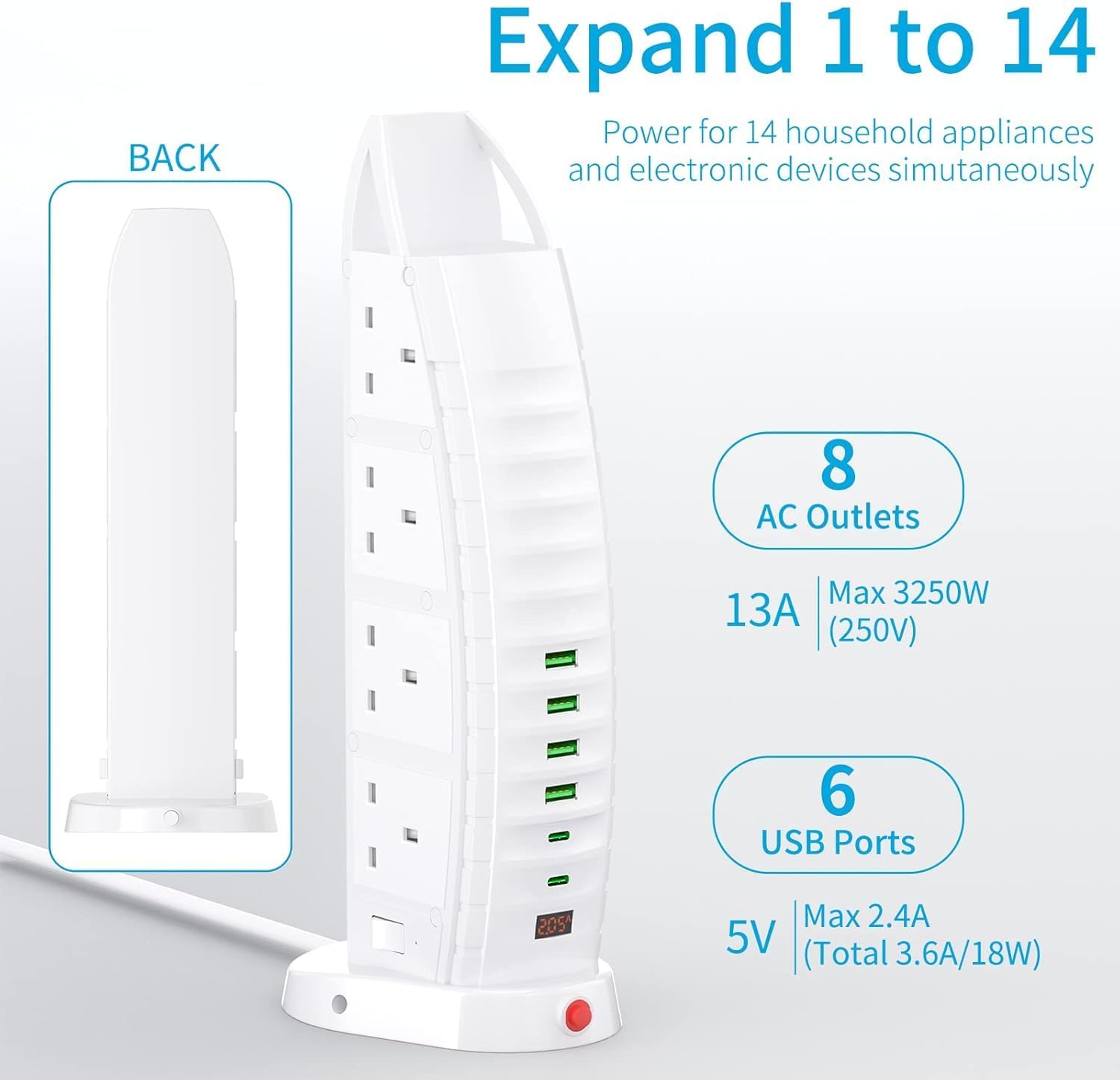 Sailboat Shape Tower Extension Lead – Featuring Type C Fast Charging Ports