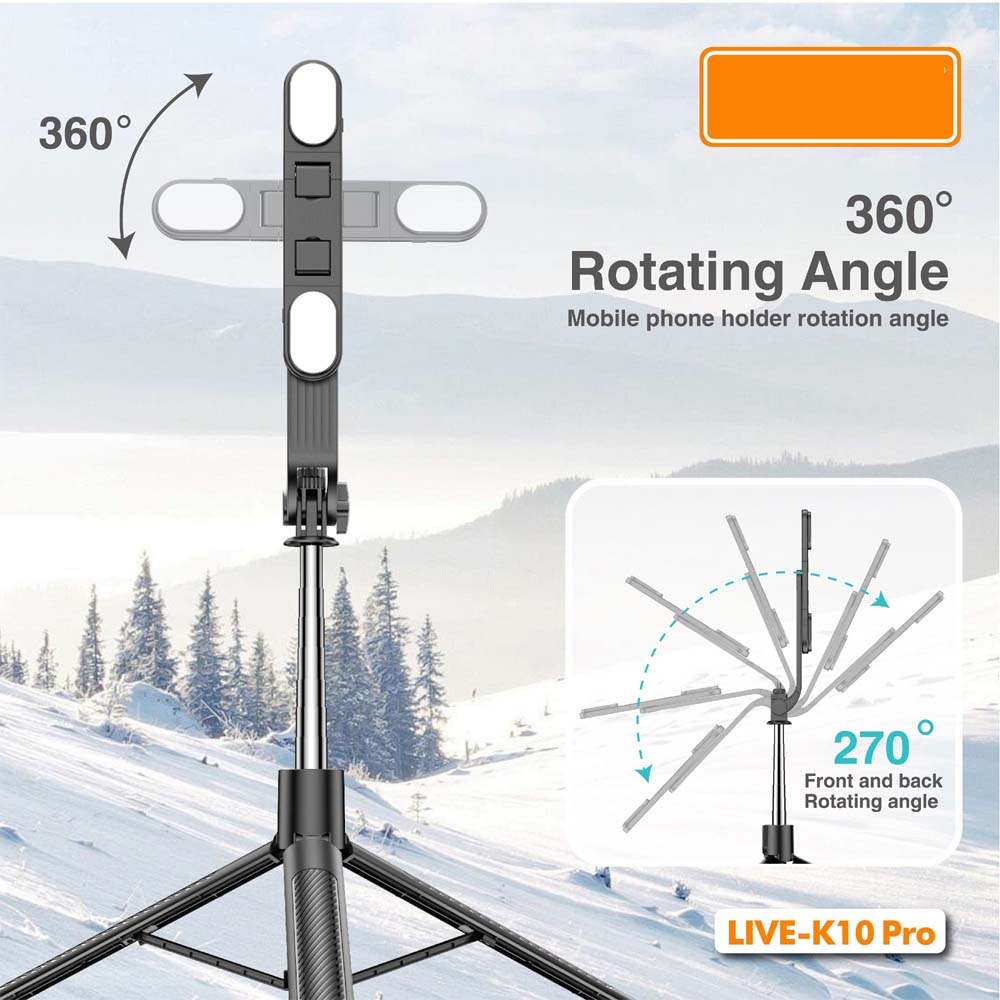 Live K10 PRO 6.5 Feet Tripod Stand Selfie Stick with 2 Chargeable Lights, Bluetooth Remote, 360° Rotatable, Compitable for DSLR, Smartphone, Vlogging, YouTube
