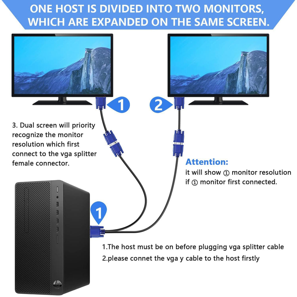 Dual VGA Splitter Cable: 1 Male to 2 Female Adapter for Dual Monitor Screen Duplication, High-Quality VGA Y Cable for PC, Laptop, and More.