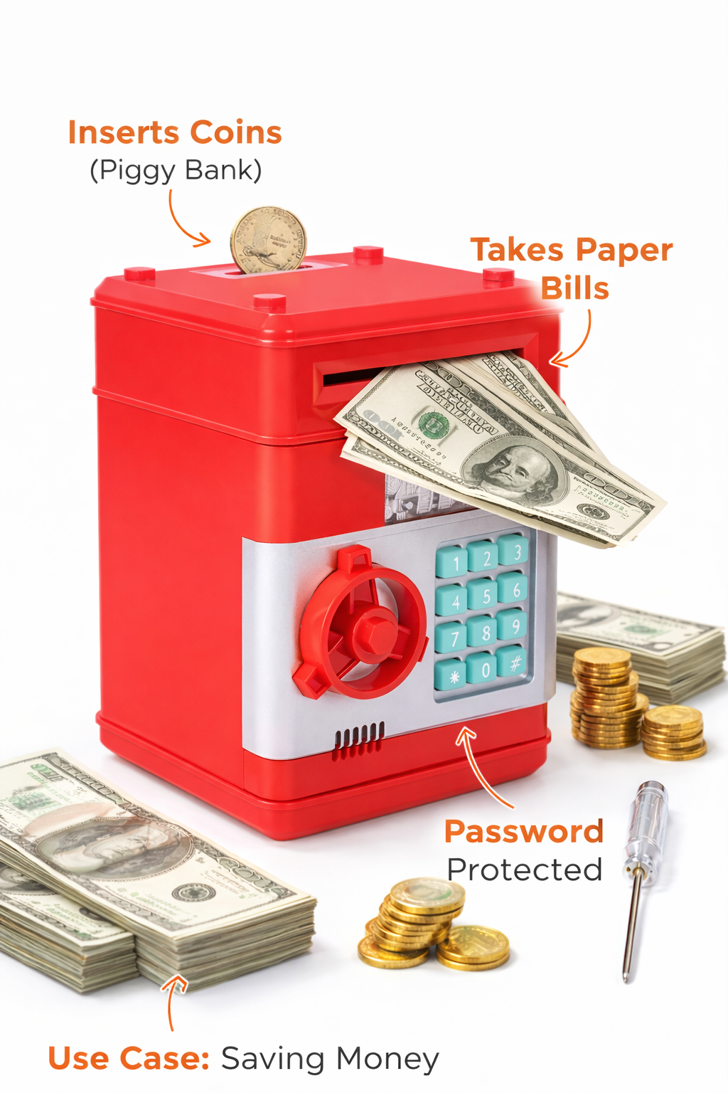 Electronic Money Bank for Kids - Password Lock, Auto Cash Scroll, ATM-Style Piggy Bank (Red)