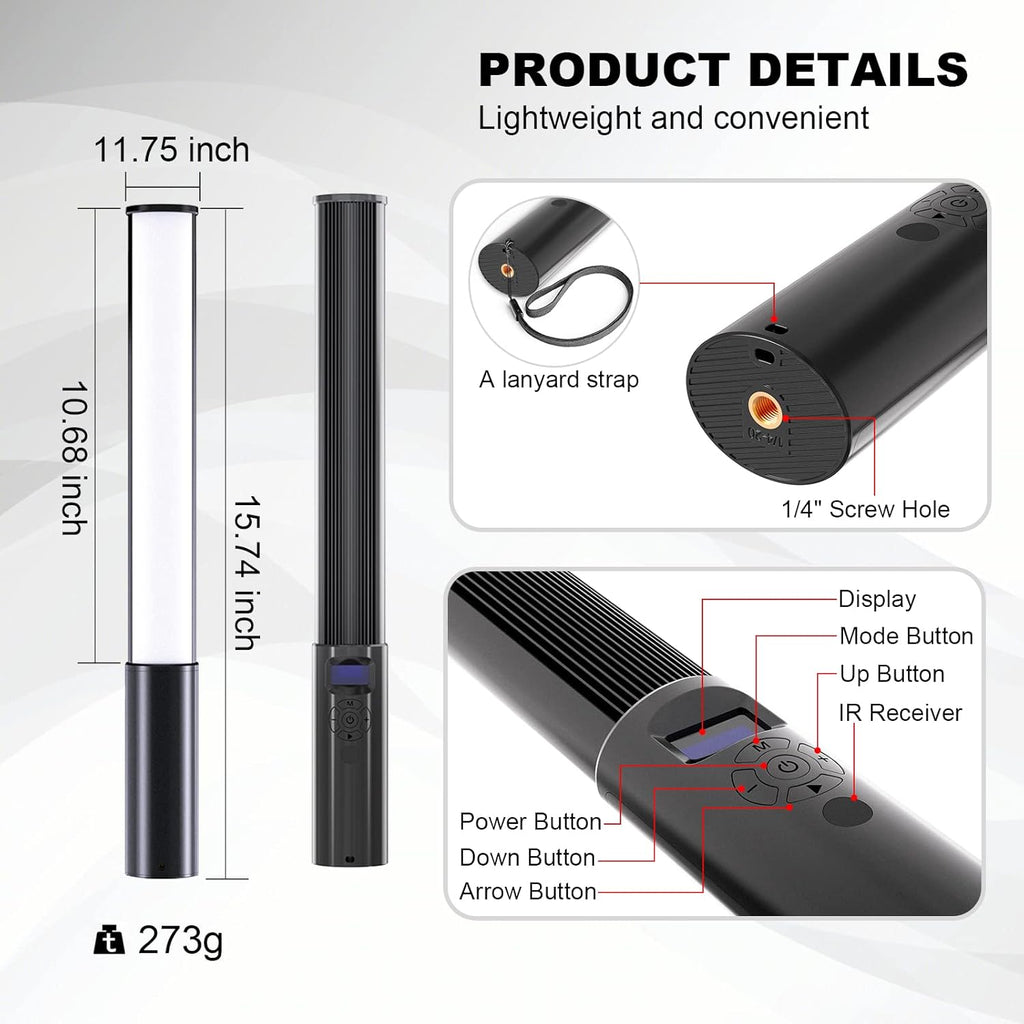FM-128 RGB LED Light Wand - Adjustable Brightness & Color (2500K-6500K), 12 Light Scenes, Built-in Battery for Photography/Vlogging