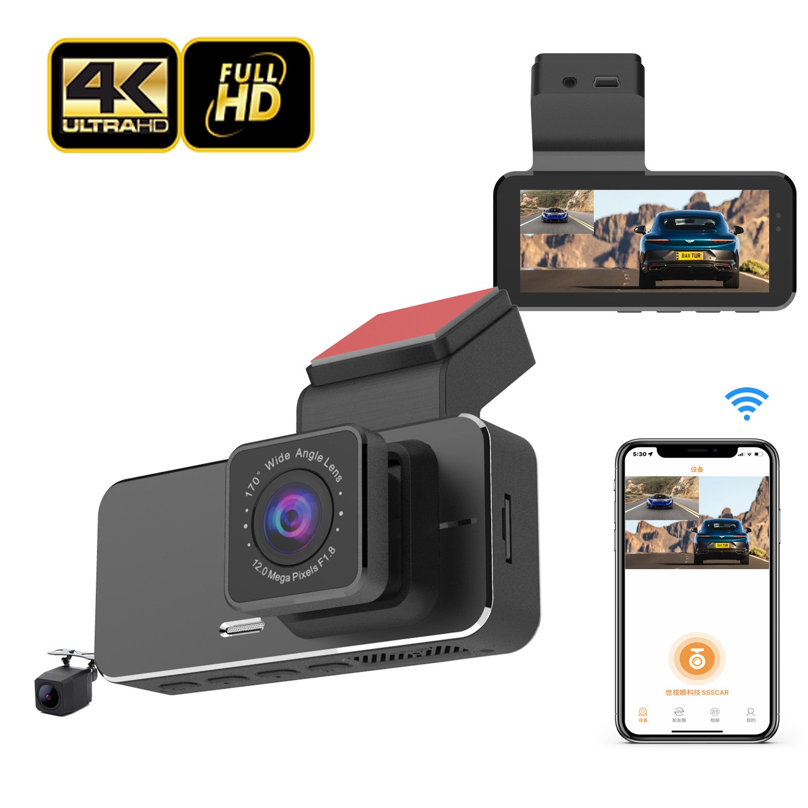 2K+1080P Dual Dash Cam - Front & Rear Car Camera with WiFi, Parking Mode & 256GB Support