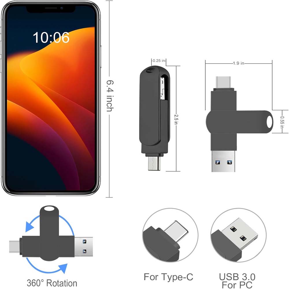 64GB USB-C Flash Drive - 170MB/s High-Speed Dual-Port Memory Stick for Android Phones, Tablets, PCs & Mac (Black)