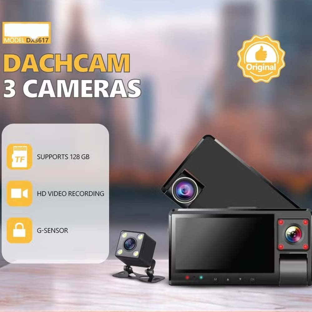 DX-3617 3-Channel Dash Cam. Front, rear & interior recording with WiFi app control, night vision & parking mode.