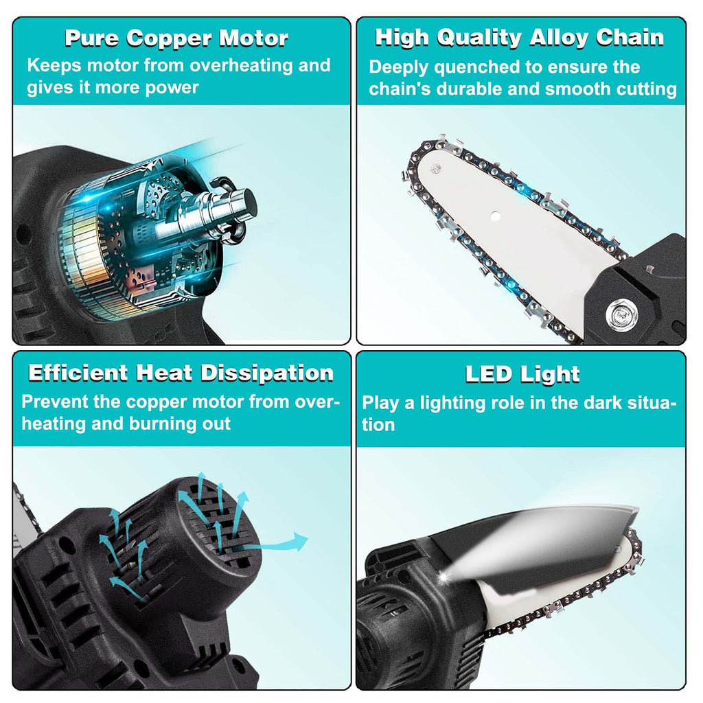 Brushless Cordless Chainsaw - Mini Electric Handheld Chainsaw with Safety Lock for Tree Branch Cutting