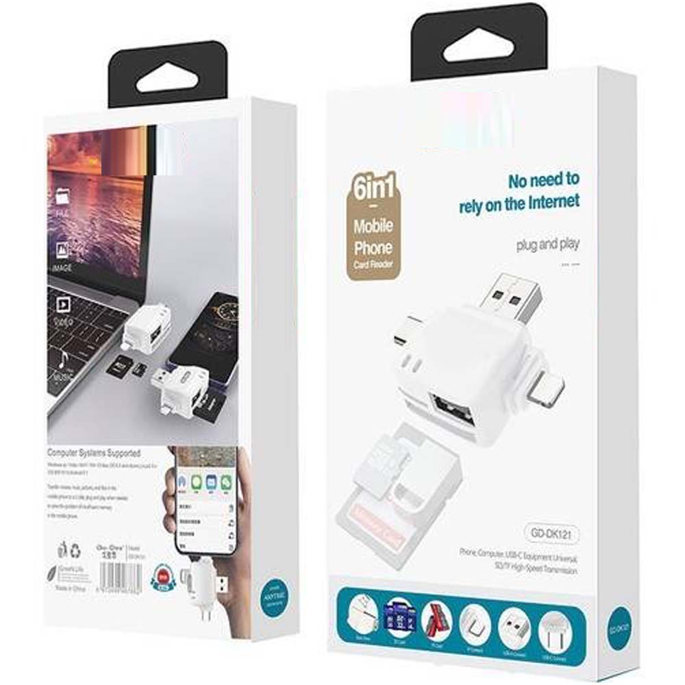 GD-DK121 6-in-1 OTG Mobile Card Reader. USB-C, Lightning, Micro USB & USB 2.0 with SD/TF card slots. Portable data transfer.
