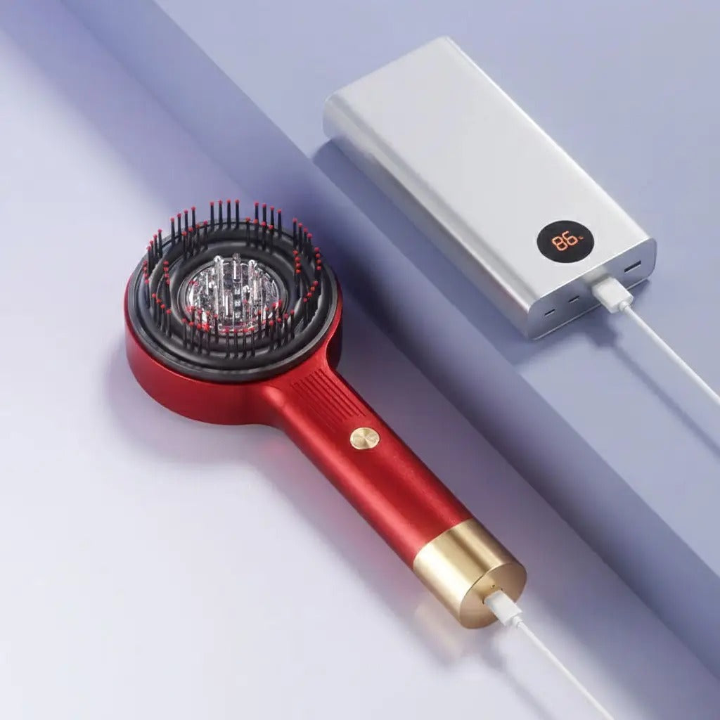 Red Infrared Scalp Massager Comb with LED Light Therapy. USB rechargeable electric head massage brush for hair growth & fall control.