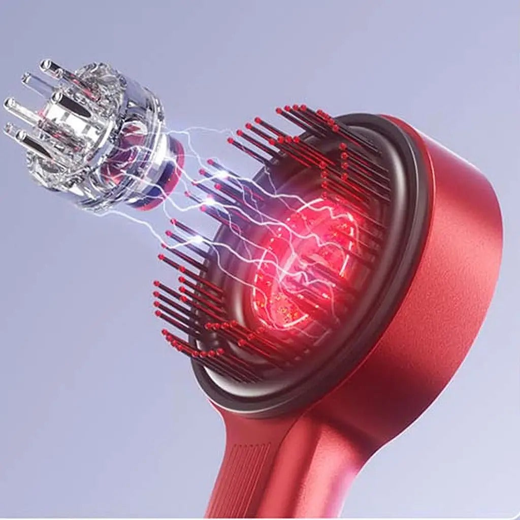 Red Infrared Scalp Massager Comb with LED Light Therapy. USB rechargeable electric head massage brush for hair growth & fall control.