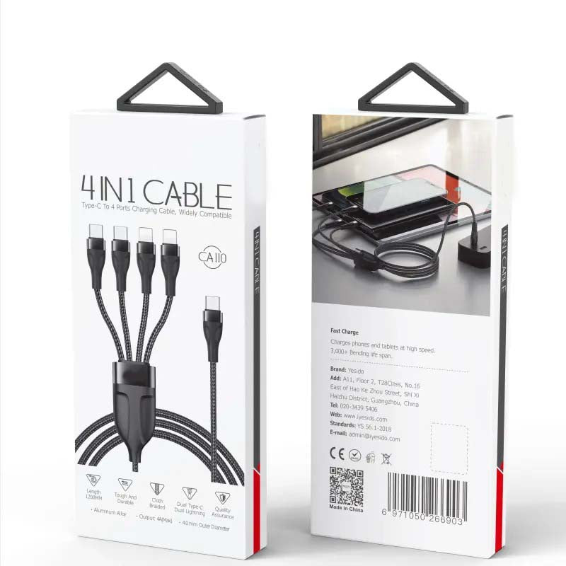 CA110 4-in-1 Type-C Data Cable – Multi-Device Charging Cable with 2 Type-C and 2 Lightning Connectors, 120cm Nylon Braided Fast Charger with Intelligent Constant Temperature Control, 20W 4A Output