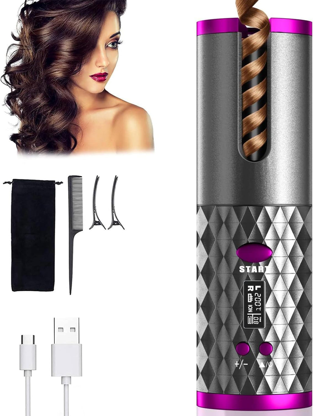 Cordless Hair Curler – Automatic Hair Curling Iron with Heatless Rotating Technology, 3 Temperature & Timer Settings