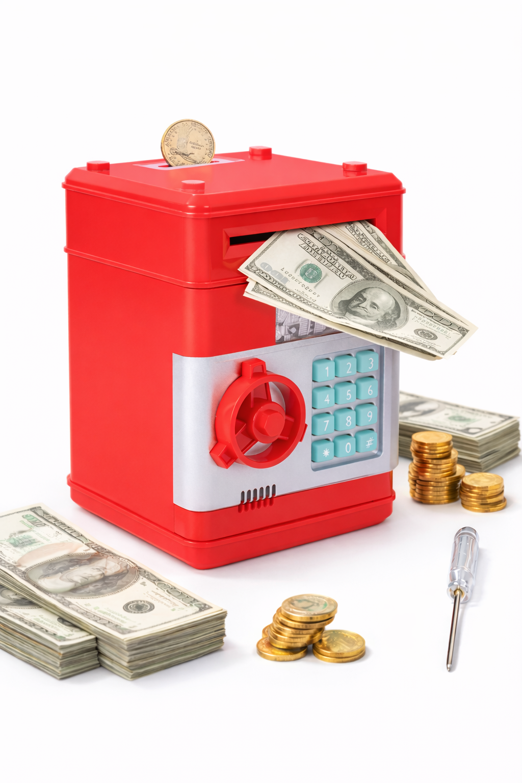 Electronic Money Bank for Kids - Password Lock, Auto Cash Scroll, ATM-Style Piggy Bank (Red)