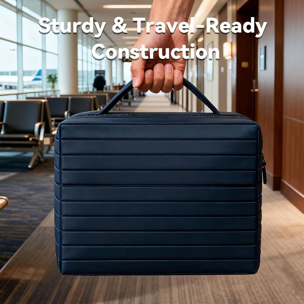 Navy Blue Foldable Travel Makeup Organizer. Large capacity, waterproof cosmetic bag with dividers for women. Portable.