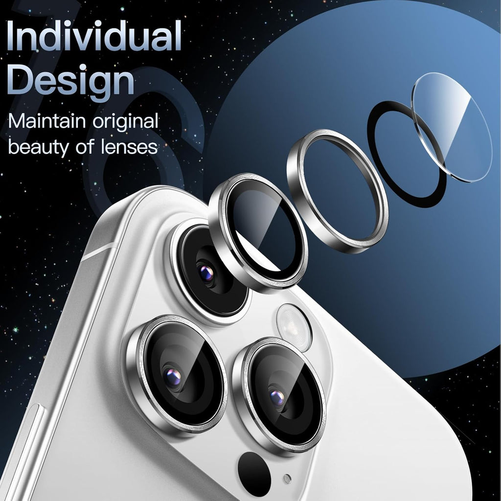 iPhone 16/17 Pro Max Camera Lens Protector - 3-Pack 9H Tempered Glass with  Alloy Ring, Anti-Scratch HD Cover (Silver Titanium)