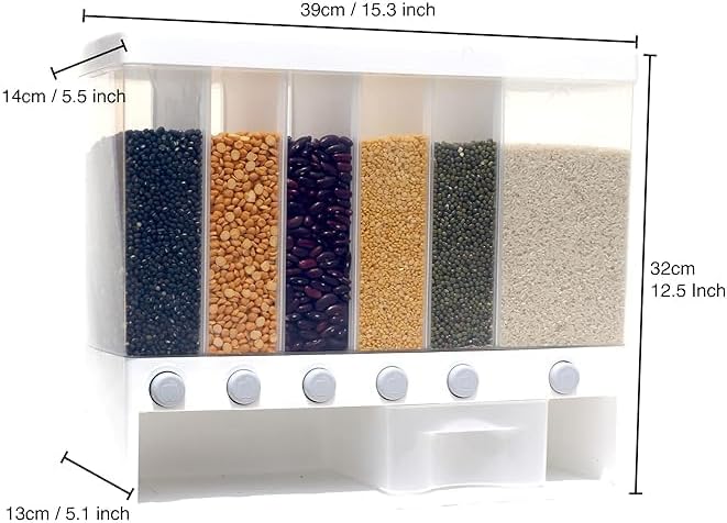 Wall Mounted Cereal Food Dispenser – 6-Section Space-Saving Kitchen Storage for Cereals, Pulses, and More