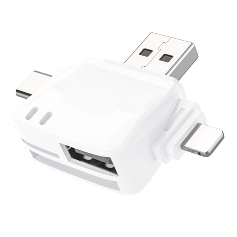 GD-DK121 6-in-1 OTG Mobile Card Reader. USB-C, Lightning, Micro USB & USB 2.0 with SD/TF card slots. Portable data transfer.