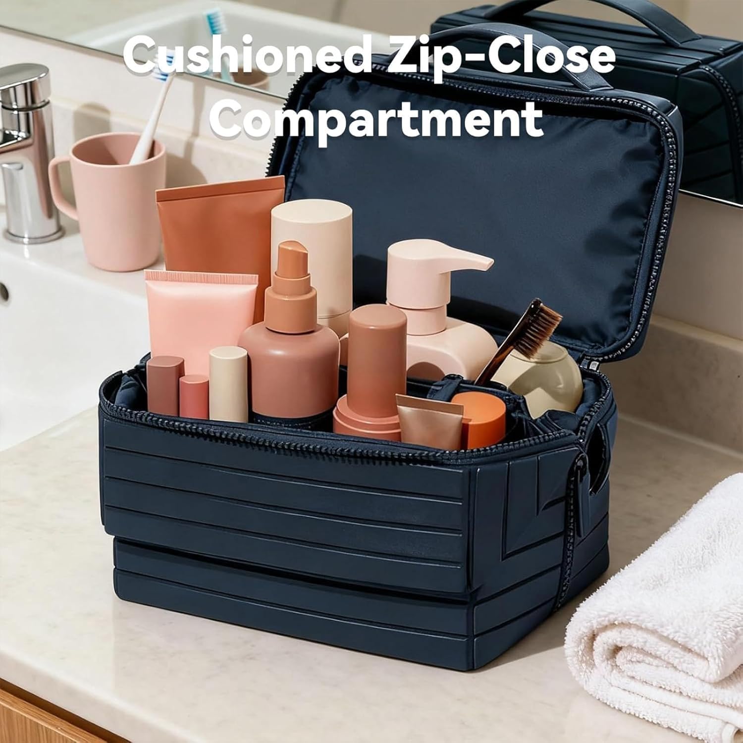 Navy Blue Foldable Travel Makeup Organizer. Large capacity, waterproof cosmetic bag with dividers for women. Portable.