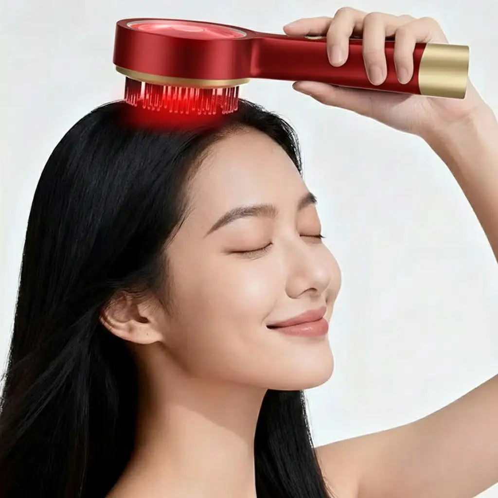 Red Infrared Scalp Massager Comb with LED Light Therapy. USB rechargeable electric head massage brush for hair growth & fall control.