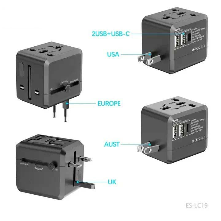 USB International Travel Adapter with Type-C to USB 3.1 Adapter – Universal Travel Adapter with Dual USB Ports, Compatible Worldwide for Smartphones, Tablets, and Laptops