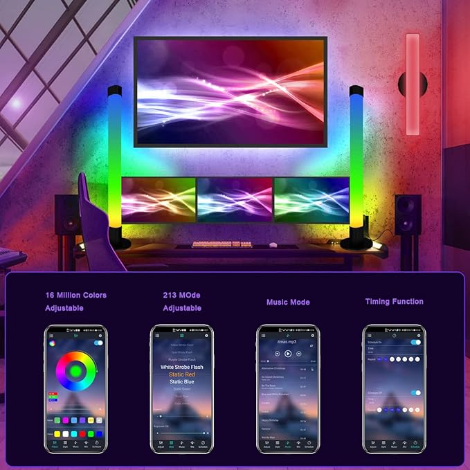 Smart LED Light Bar RGB Lights | Bluetooth App Remote Control | 3-in-1 16 Million Colors | TV Backlight for Room, Movies, PC, Gaming Setup - 2PCS