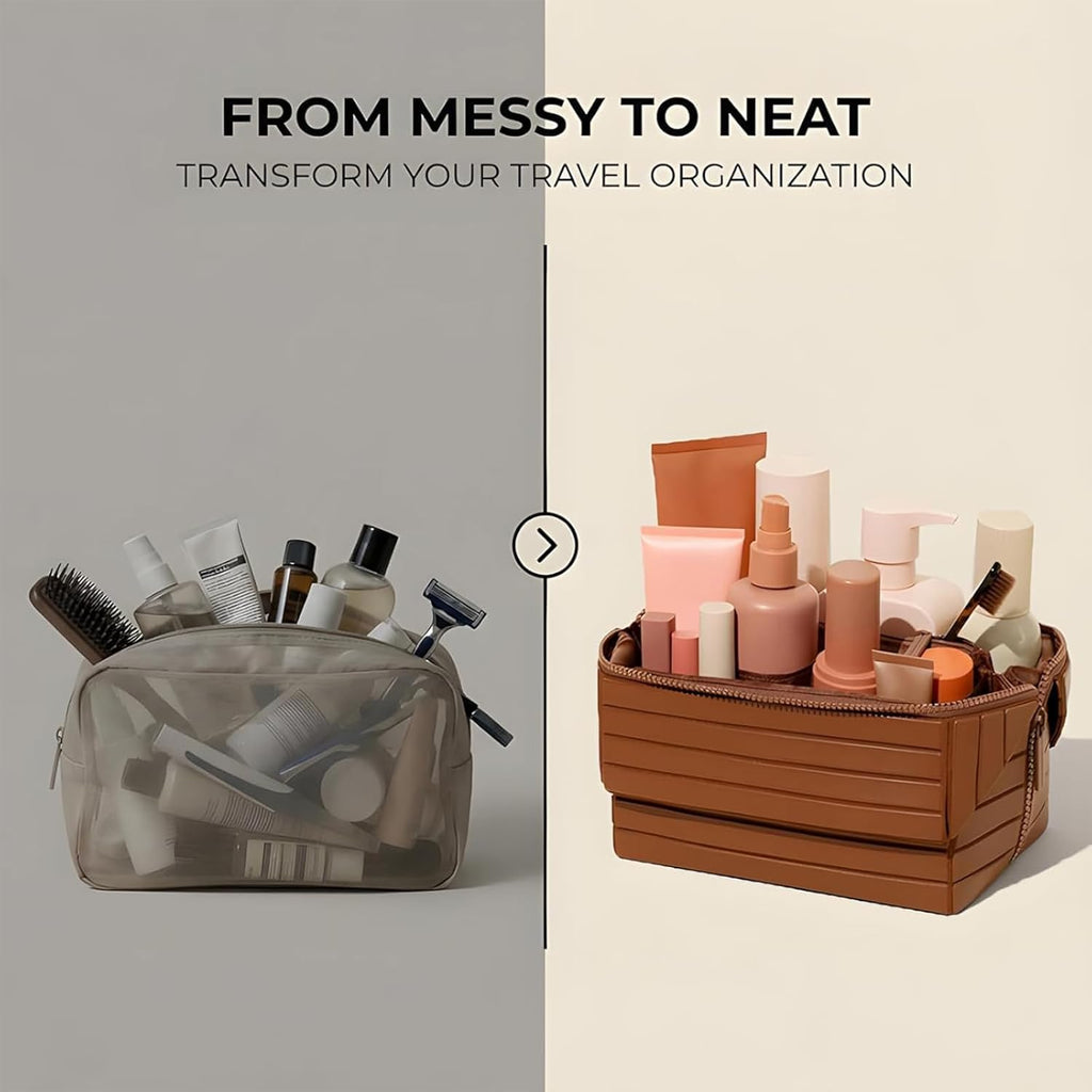 Foldable Travel Makeup Organizer Bag. Large capacity, waterproof cosmetic bag with dividers for women. Portable brown bag.