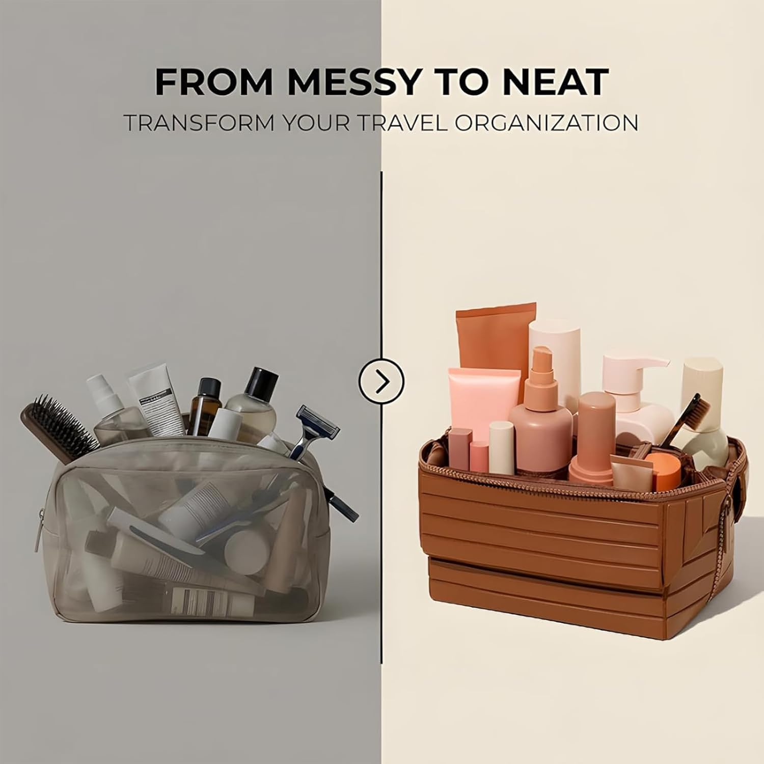 Foldable Travel Makeup Organizer Bag. Large capacity, waterproof cosmetic bag with dividers for women. Portable brown bag.