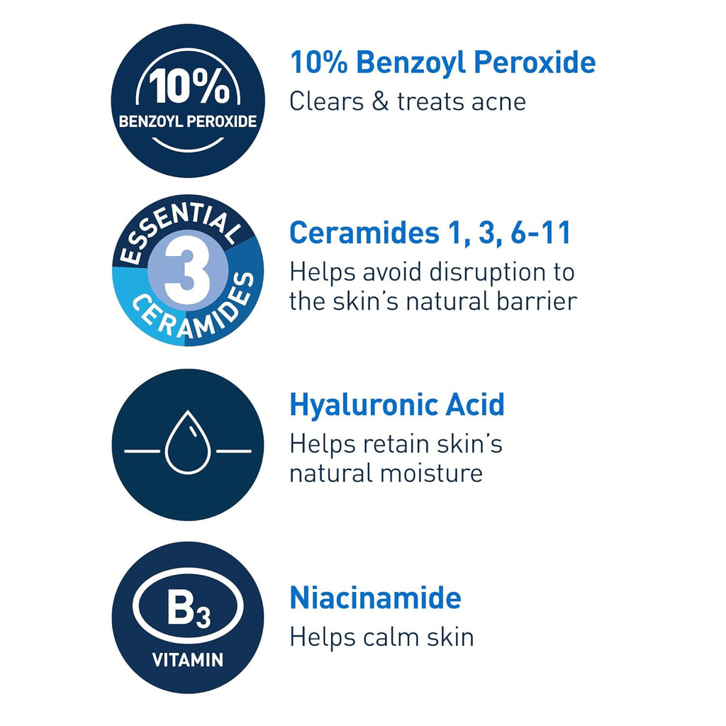 CeraVe Acne Foaming Cream Wash with 10% Benzoyl Peroxide. Treats breakouts on face & body, gentle with Niacinamide & Hyaluronic Acid.