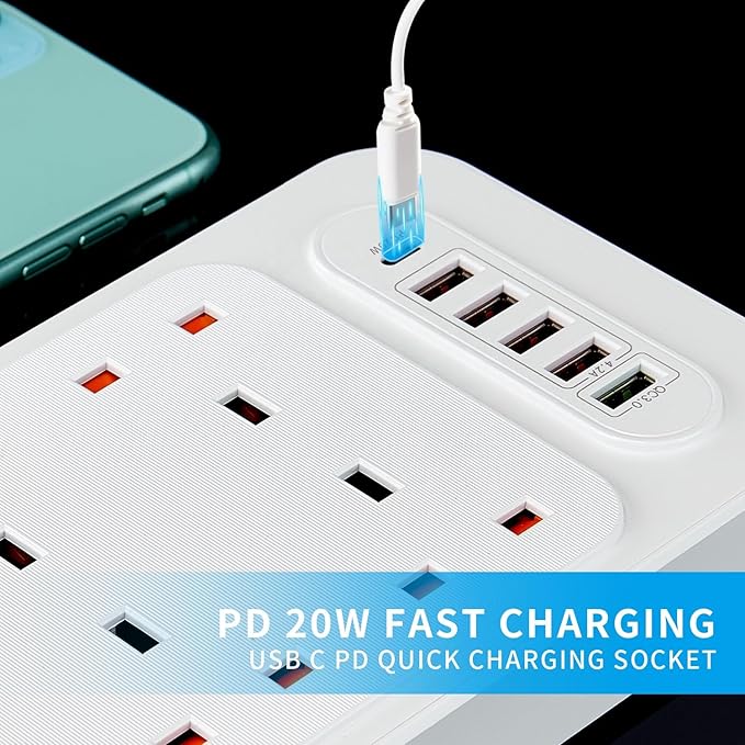 Universal 6-Way Power Outlet Strip with Fast Charging – US Plug (Black)