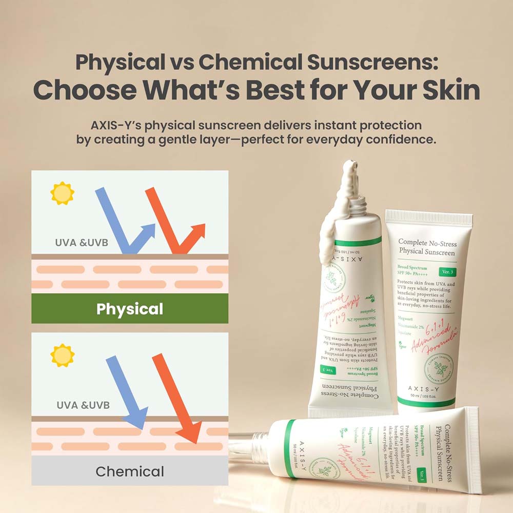 AXIS-Y No-Stress Physical Sunscreen V3. SPF 50 mineral sunblock with Niacinamide for sensitive, acne-prone skin. Vegan Korean skincare.
