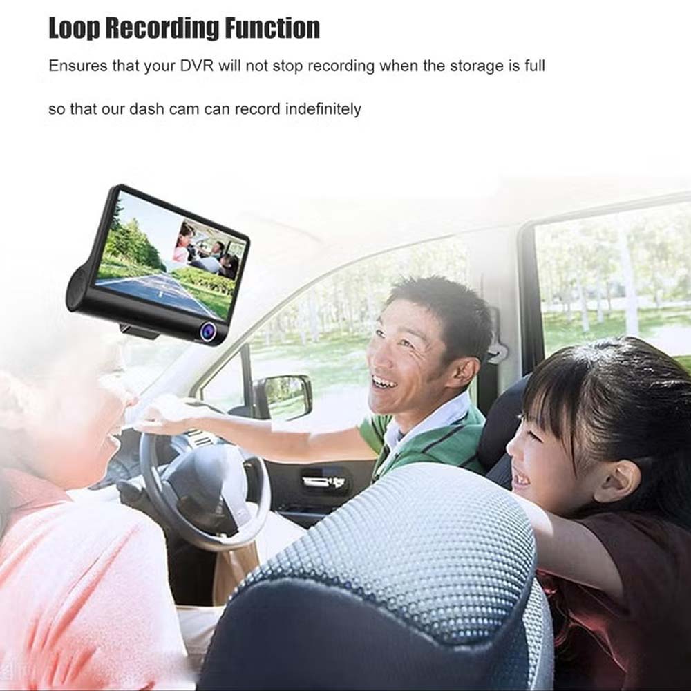 DX3618 3-Channel Car Dashcam. 4" HD display with front, rear & inside cameras. Loop recording, night vision & G-sensor.