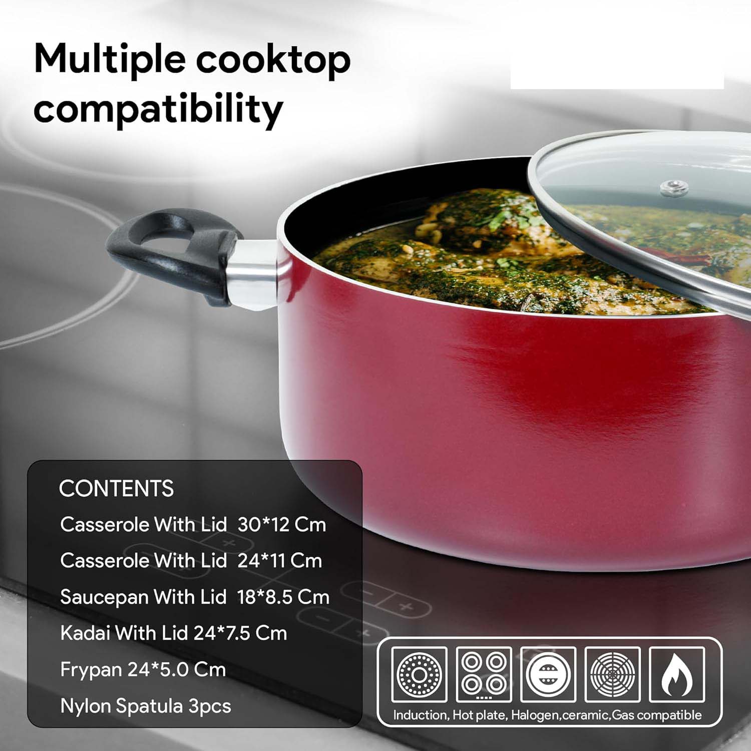 9-Piece Non-Stick Cookware Set - Cast Aluminum Casserole, Kadai, Frypan, Milkpan with Glass Lids & Nylon Spatulas, Heat-Resistant