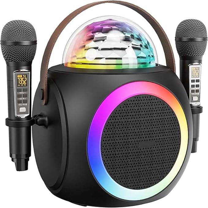 Karaoke Machine – Party-Ready Bluetooth Speaker with UHF Wireless Microphones and Disco Ball LED Lights