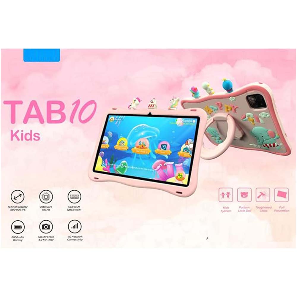 Tab10 10.1 Inch Kids Tablet - 6 GB RAM, 128 GB ROM, 8000 mAh Battery, Parental Controls, Durable Design, and Educational Apps - Pink