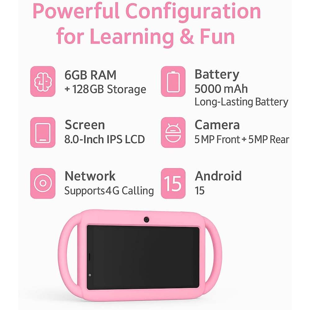 TAB 8 Kids Tablet 8-Inch HD IPS Display, Android 15, 6GB RAM, 128GB Storage, 5000mAh Battery, Dual Camera, SIM Support with Shockproof Case