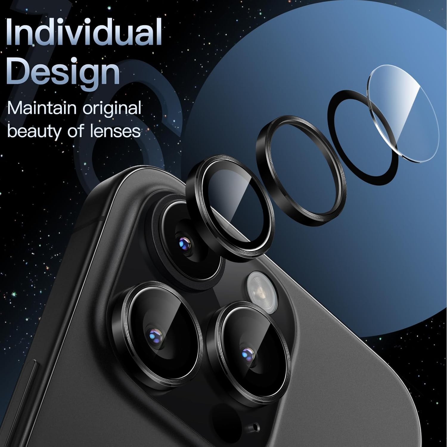 iPhone 16/17 Pro Max Camera Lens Protector - 3-Pack 9H Tempered Glass with Aluminum Alloy Ring, Anti-Scratch HD Cover (Black)