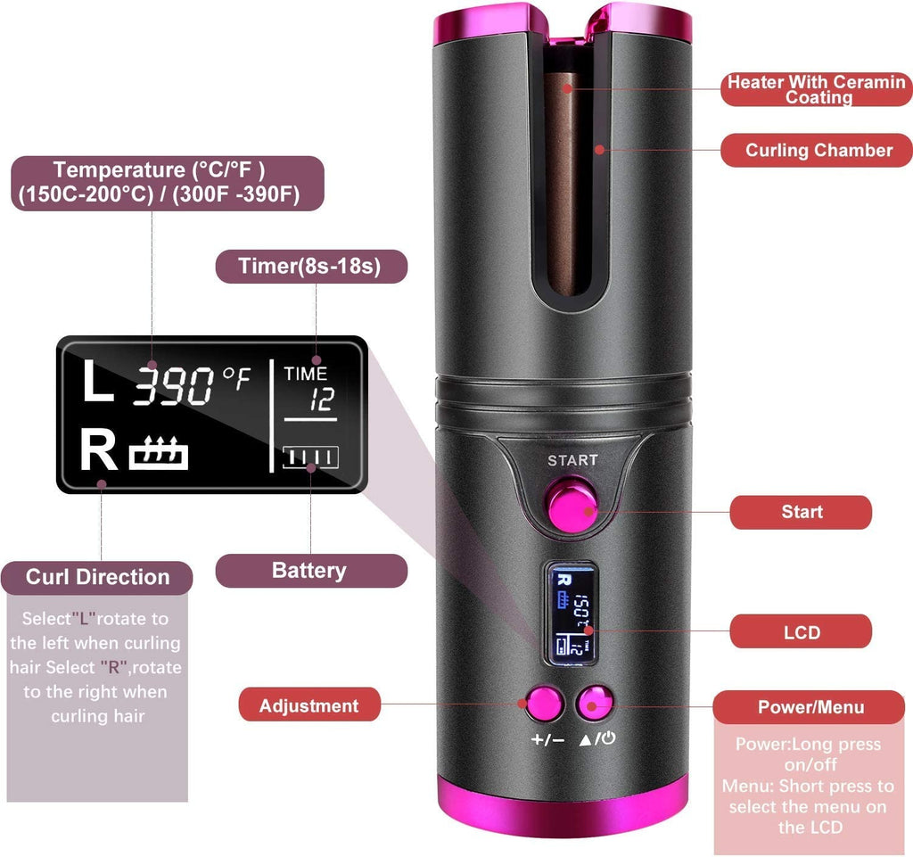 Cordless Hair Curler – Automatic Hair Curling Iron with Heatless Rotating Technology, 3 Temperature & Timer Settings
