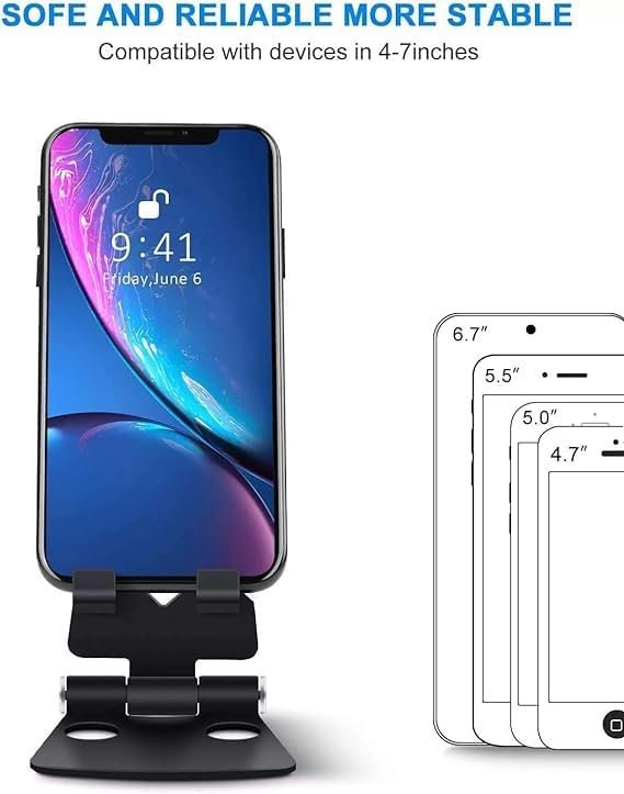 Fully Foldable Adjustable Cell Phone Stand | Desktop Phone Holder Cradle Dock for iPhone, iPad, Nintendo Switch, and Tablets (7-10") | Black