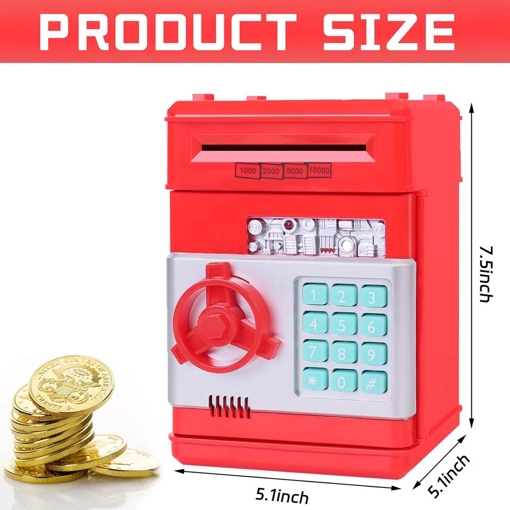 Electronic Money Bank for Kids - Password Lock, Auto Cash Scroll, ATM-Style Piggy Bank (Red)